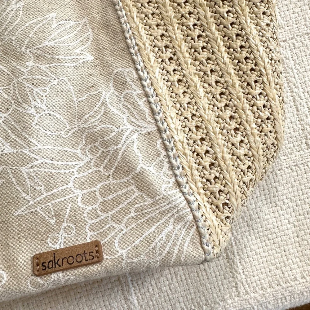 Sakroots Roma Straw Canvas Floral Boho Shoulder Bag Butterfly Charm Tan Medium
